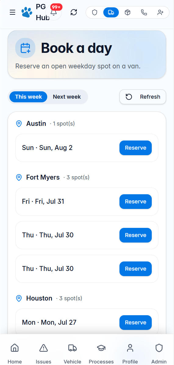 PG Hub groomer-partner app showing open weekday booking spots across cities